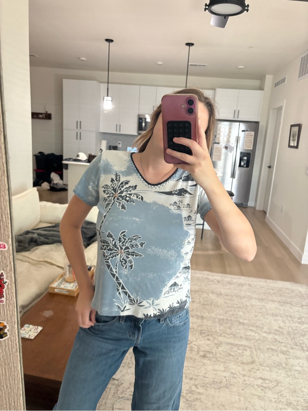 Palm-Print Light Blue Short Sleeve V-Neck Tee